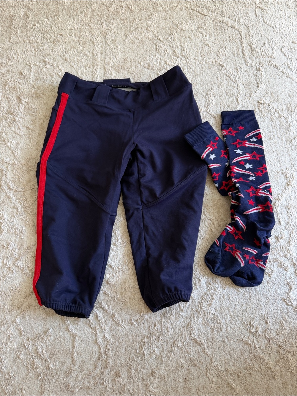 Youth XL Bellalete Softball Pants Navy with Red Side Stripe with belt loops